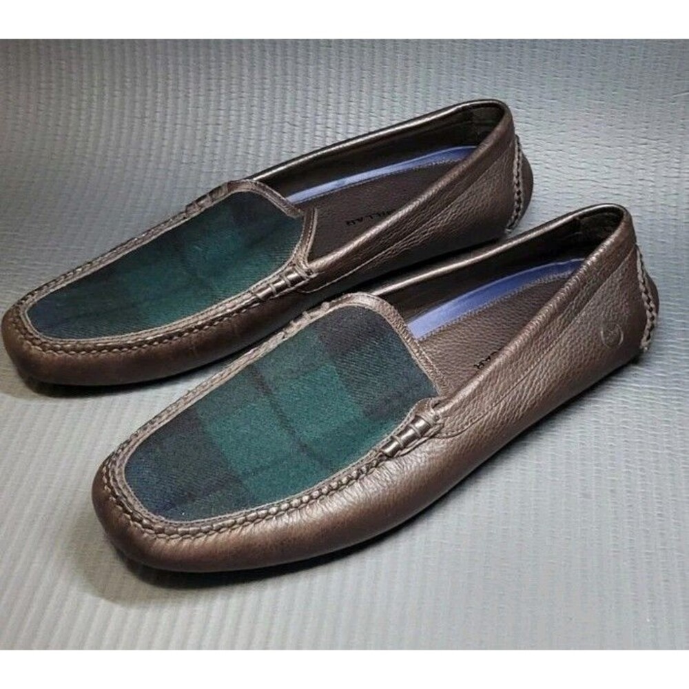 Peter Millar Shoes Mens 12M Shetland Driver Loafers Brown Leather Plaid MF18F27